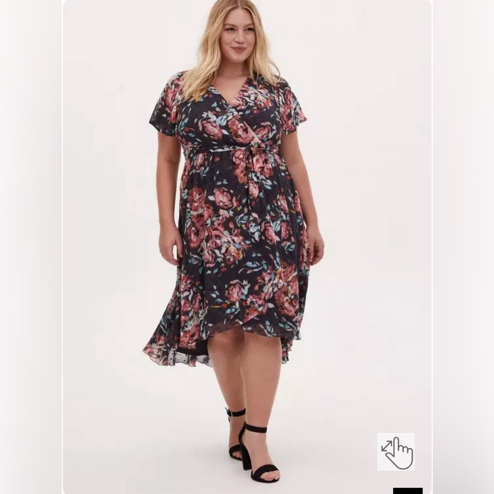 TORRID Faux Wrap Midi Dress Swiss Dot Floral Short Sleeve Tie Waist V Neck